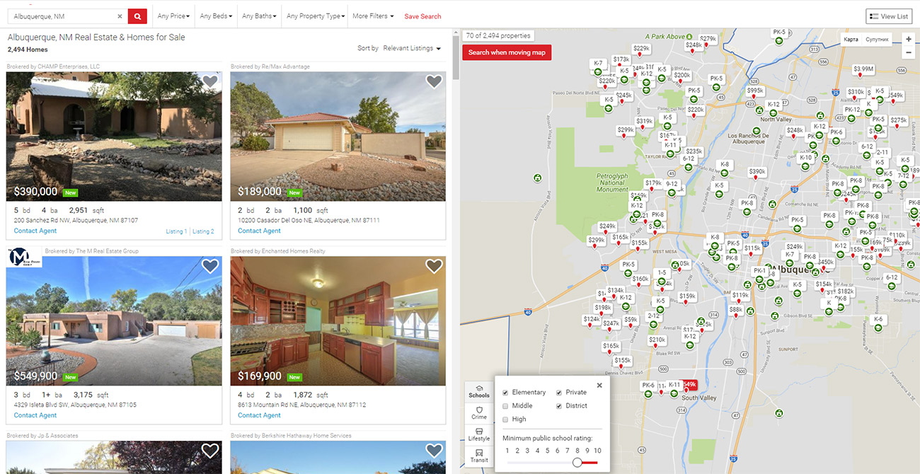 Real estate website development, school search feature